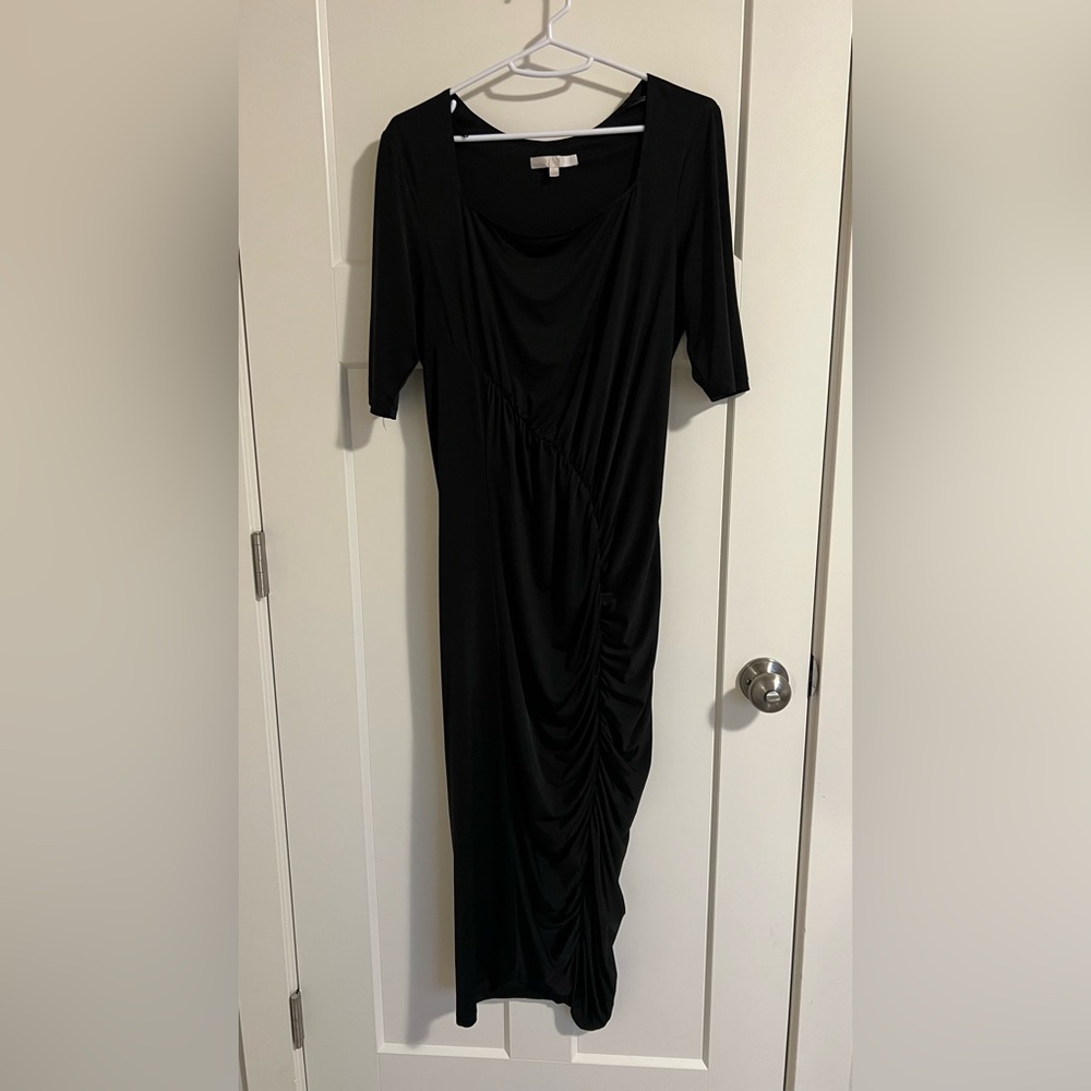 Wayf Black Asymmetrical Ruched Midi Dress